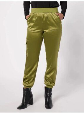 LOGO Lori Goldstein Satin Cargo Pant Rib Waistband-Olive Branch-2X-NEW-A629608